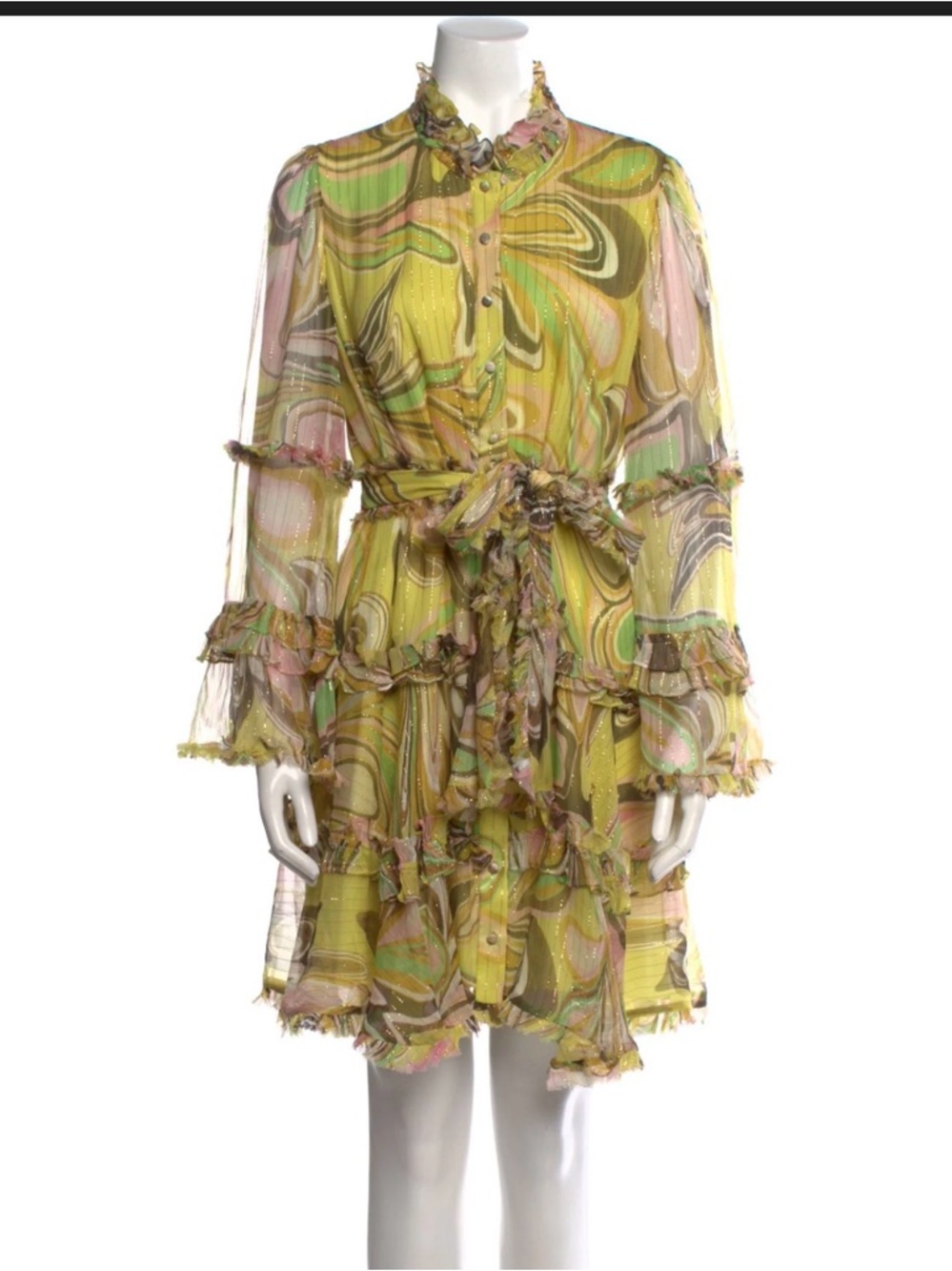 WANTED-Alexis Lime Swirl Ruffle Tie-Waist Long Sleeve Dress XL